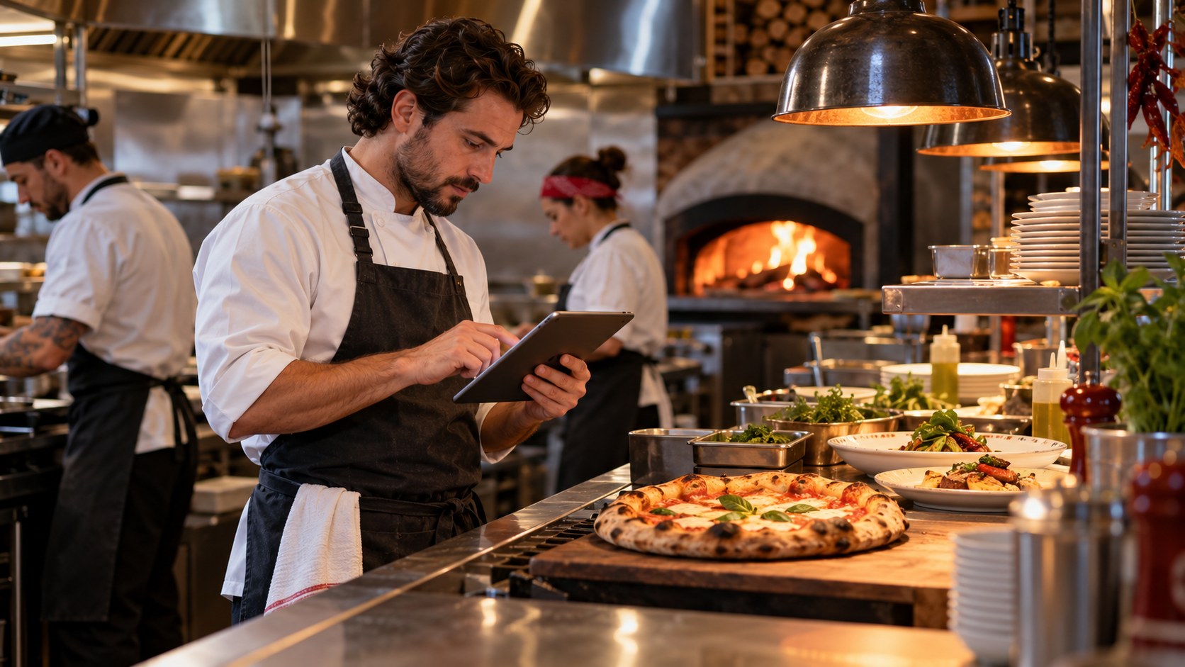 Restaurant chef managing food orders in a busy kitchen